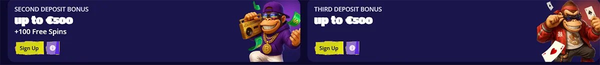 Casino bonus banners for the second and third deposit offers, each up to €500, with sign-up buttons, free spins text, and cartoon monkey characters on a dark background.
