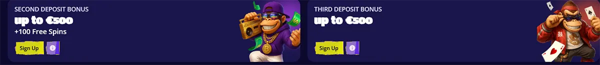 Casino bonus banners for the second and third deposit offers, each up to €500, with sign-up buttons, free spins text, and cartoon monkey characters on a dark background.